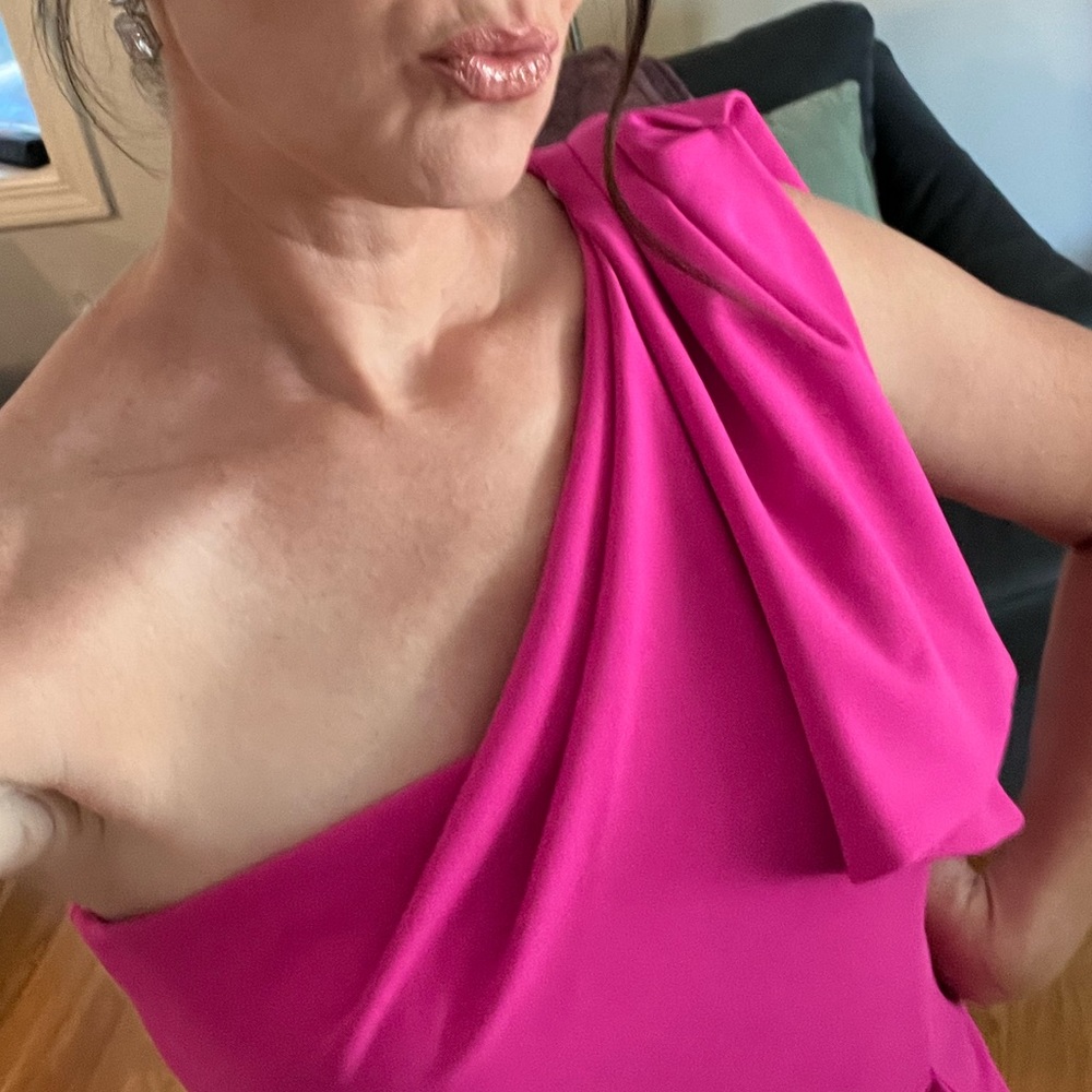 Betsy & Adam Hot Pink One-Shoulder Draped Dress